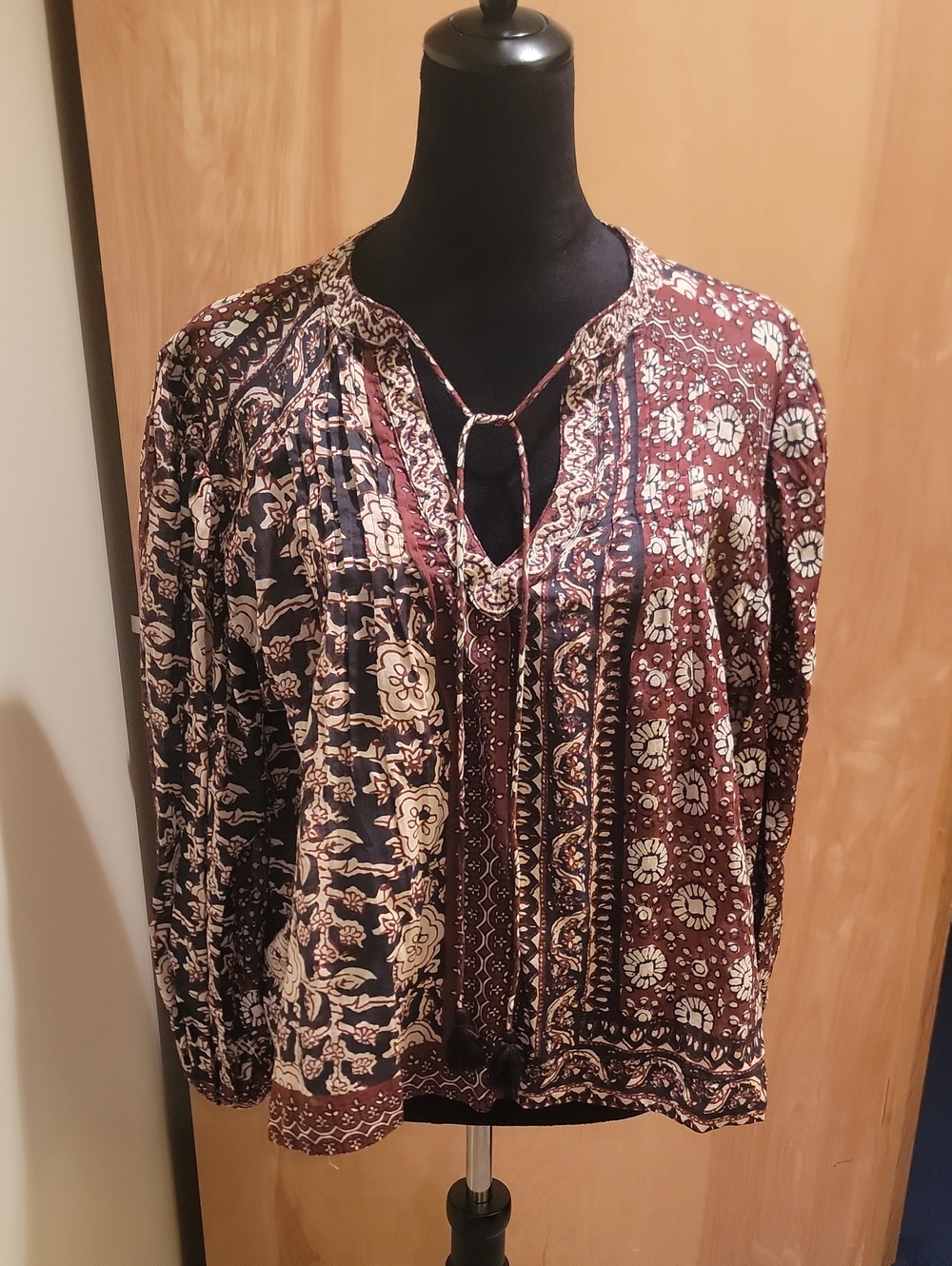 Tahari Mixed Floral Tie-Front Peasant Blouse in Burgundy, Black & Cream